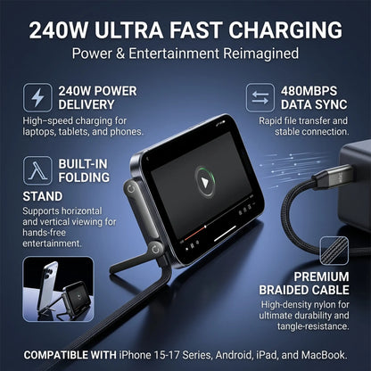 Sideways Phone Charger, 2 in 1 Invisible Holder Charger Cable, 240W Braided Fast Charge Cable with Built-In Phone Stand, 2026 New Foldable Durable USB-C Cord for Phone